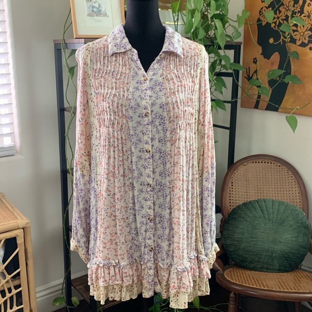 Free People Lost In You Light Floral Combo Boho Hippie Tunic Mini Dress